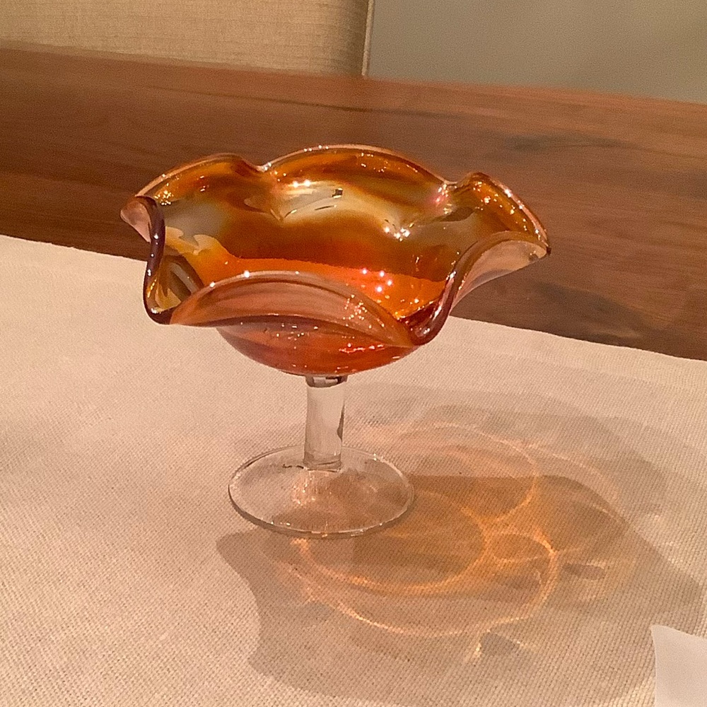 Vintage Amber carnival glass Fluted stemmed sherbet dish